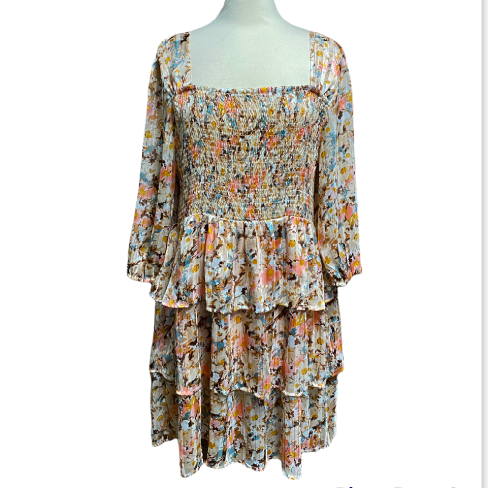 ODDY Blush Floral Shimmer Tiered 3/4 Sleeve Smocked Dress NWT